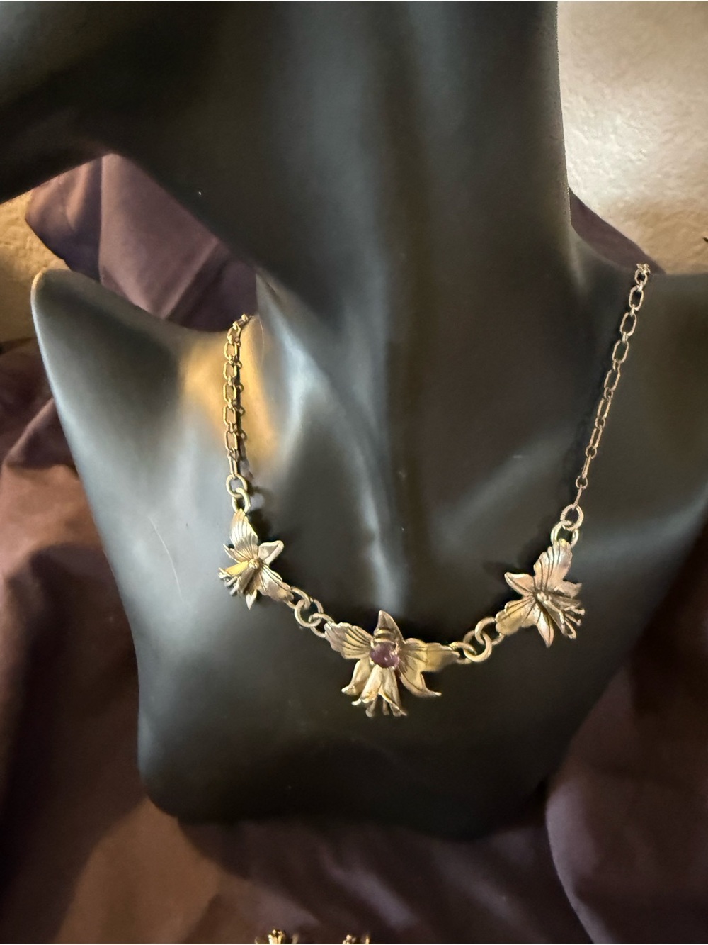 Sterling Silver Floral Necklace with Amethyst and matching Clip Earrings